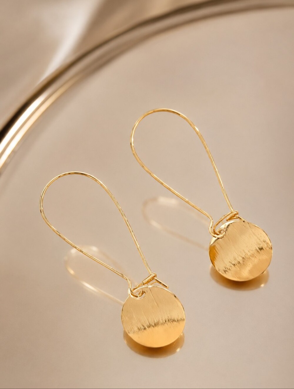 Brushed Gold Glossy Disc Drop Hook Earrings - Picture 1 of 9